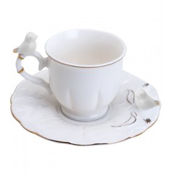 Xícara Avulsa 100ml De Café Porcelana Birds Branco Round Plate